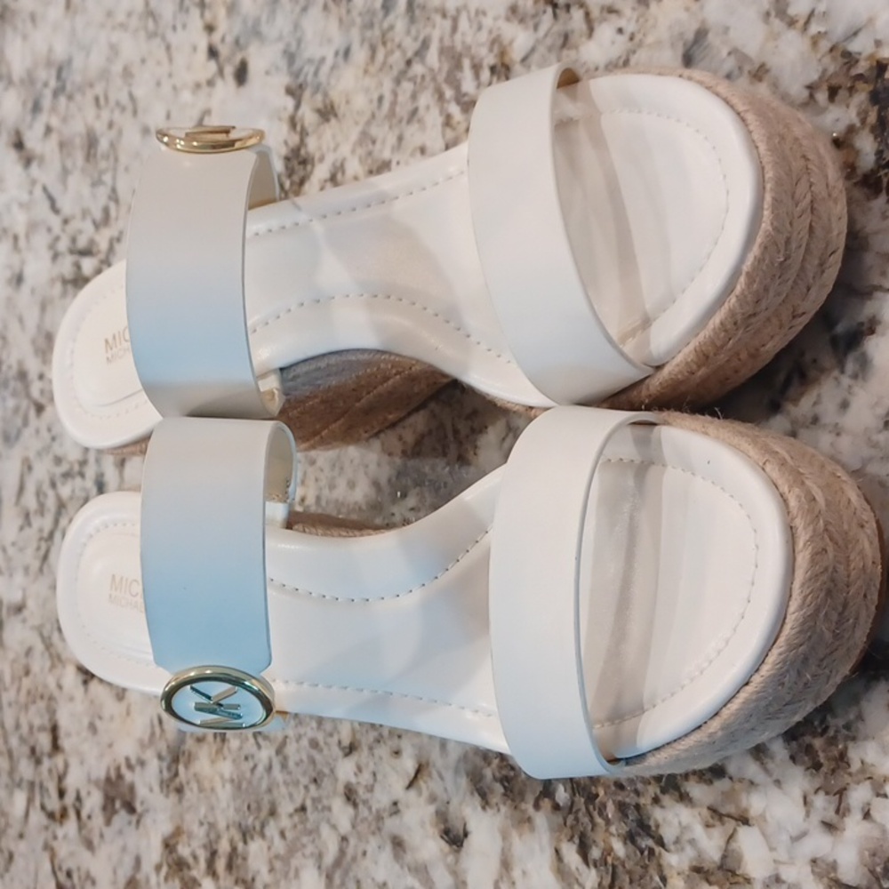 Michael Kors Lucinda Vachetta Leather Epadrille Wedge Sandals, White Leather 10 - Picture 8 of 16